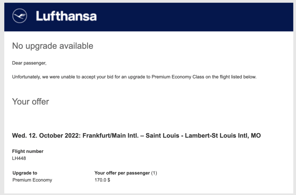 Screenshot of an email titled "No upgrade available"